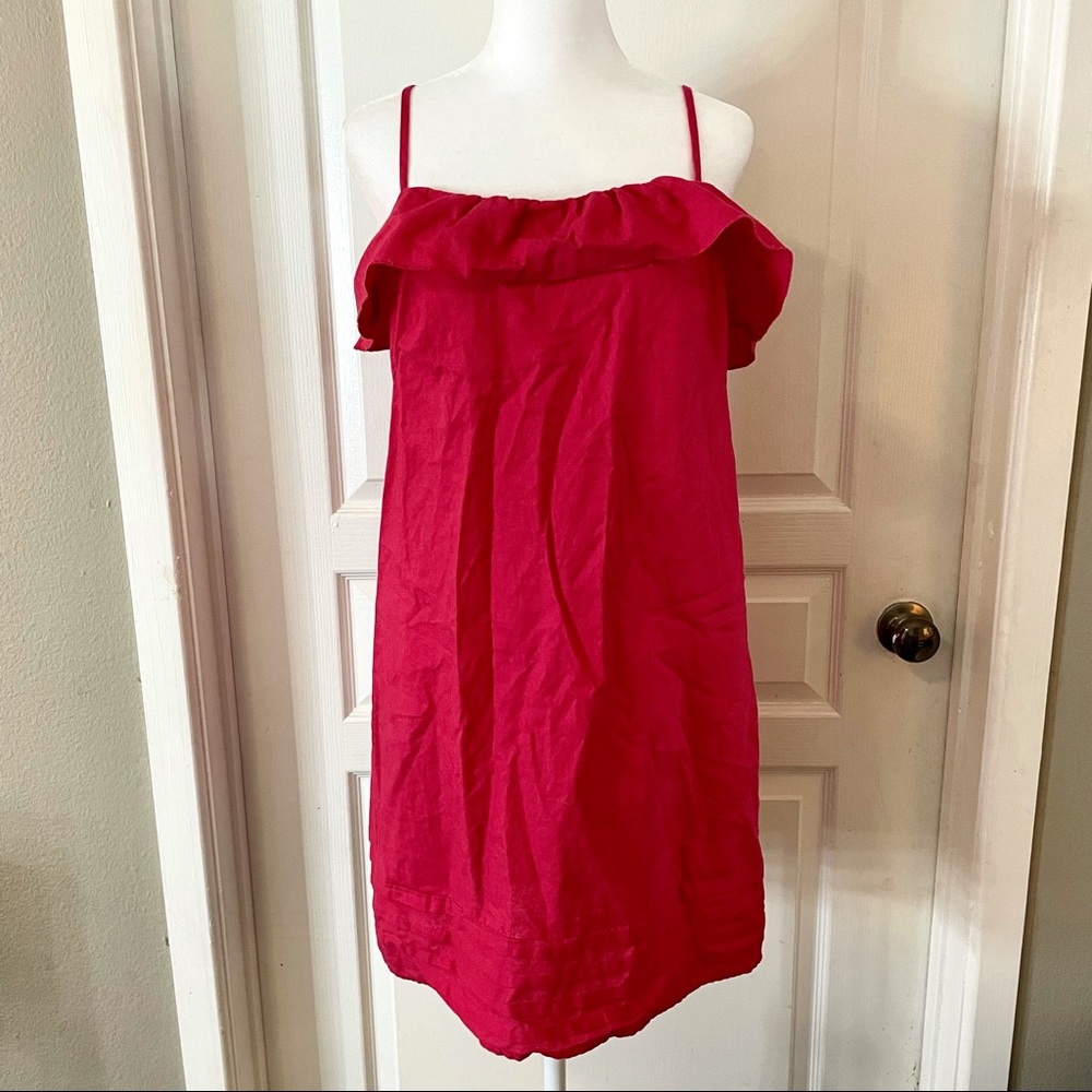 Loft hot pink shift dress with ruffle detail